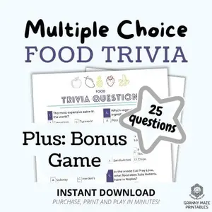 Printable Food Trivia Multiple Choice Game: 25 Questions