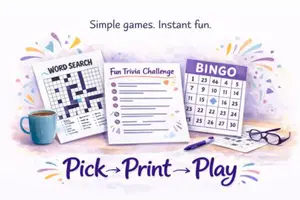 GrannyMaze printable games for seniors featuring pick print play word search trivia and bingo