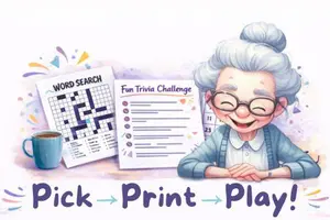 Printable games for seniors with word search and trivia game on a desk with smiling Granny Maze. Pick, Print & Play!