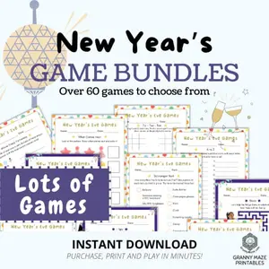 Printable New Year’s Eve games bundle with large print activities ready to download and play.