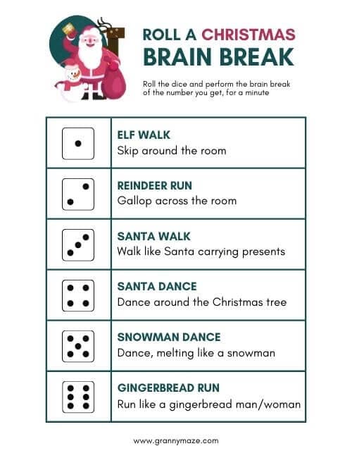 Roll a Christmas Brain Break Dice Game @grannymaze