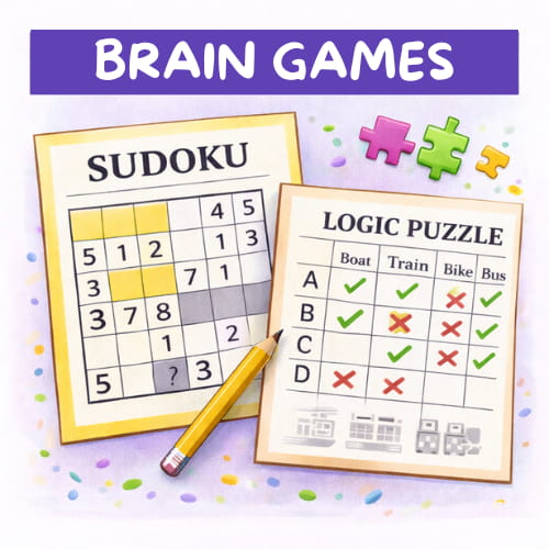Brain games for seniors featuring printable logic puzzles and number challenges.