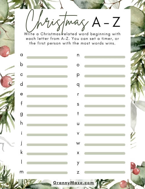 Christmas A - Z Word Game @grannymaze