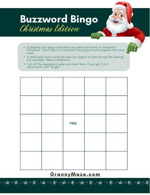 Printable Christmas Buzzword Bingo Game @grannymaze