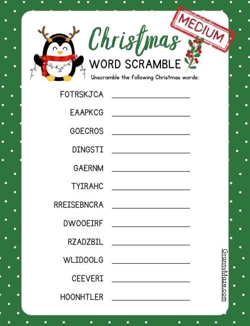 Printable Christmas Medium-Hard Word Scramble Game @grannymaze