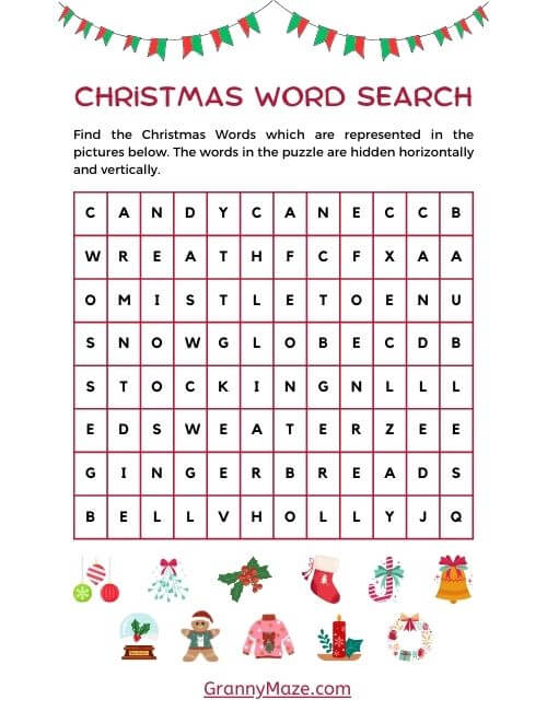 Printable Christmas Word Search Large Print Game Using Images @grannymaze