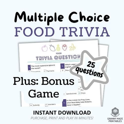 Printable Food Trivia Multiple Choice Game: 25 Questions