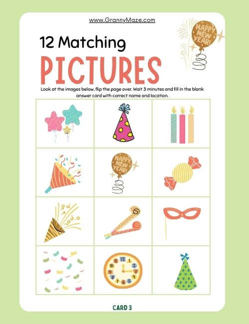 Free Matching Games for seniors. Level 2 has 12 images @grannymaze