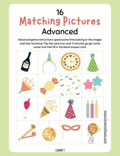 Free Matching Games for seniors. Level 3 has 16 images @grannymaze