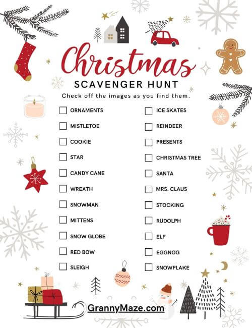 Free Printable Christmas Scavenger Hunt Game List @grannymaze