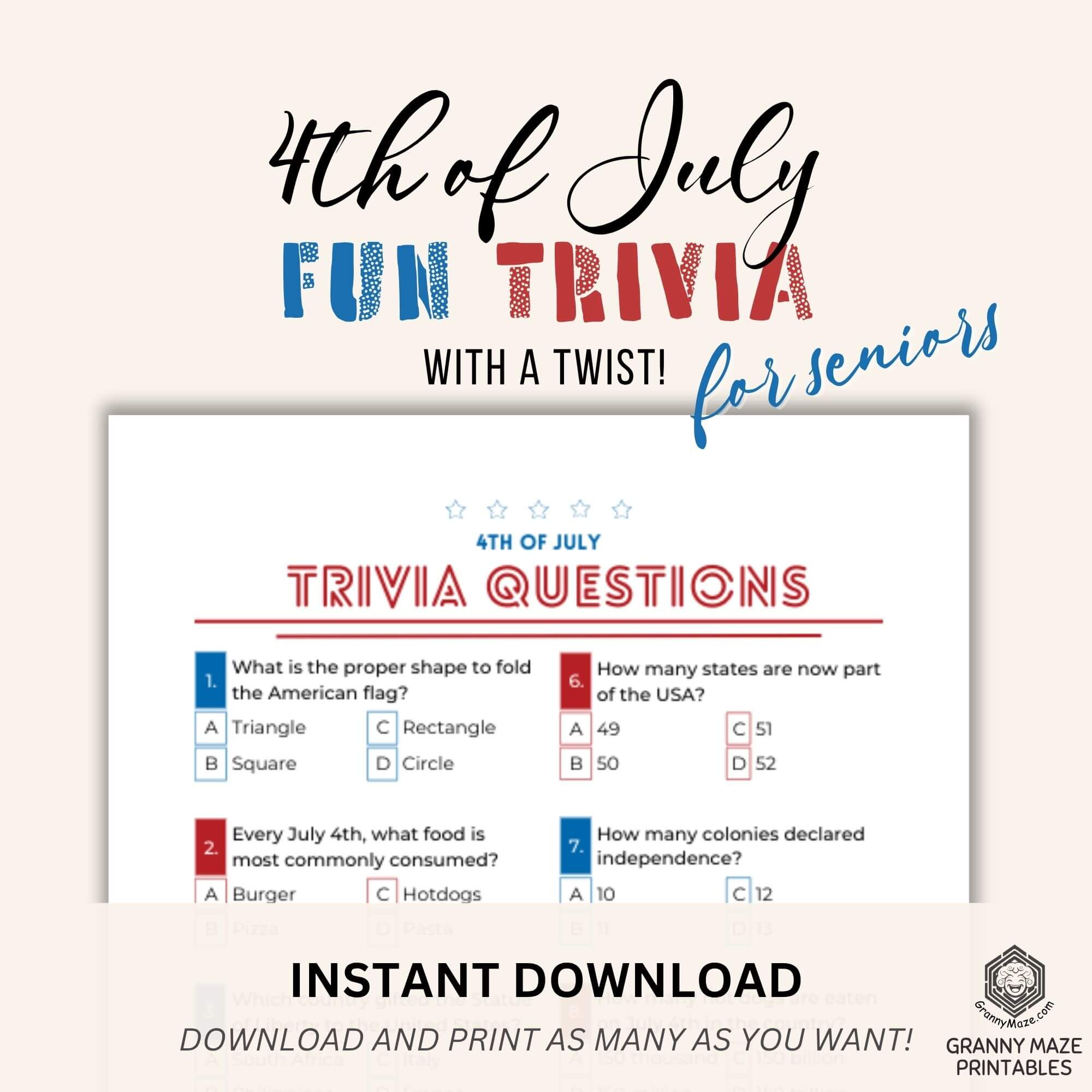Get this instant download 4th of July FUN Trivia Game in store now!