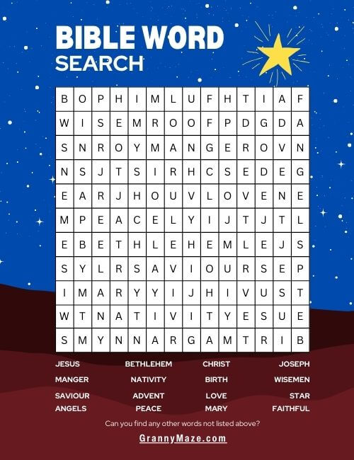 Large Print Bible Word Search Printable Game @grannymaze