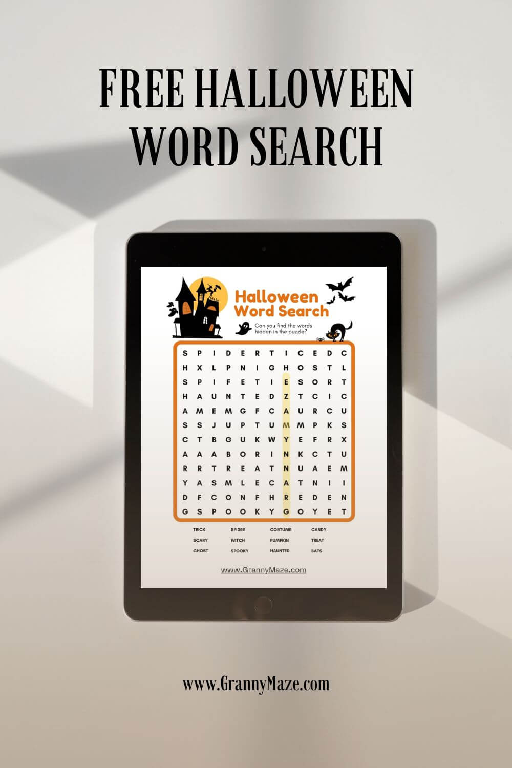 Click Here to Get your FREE Large Print Halloween Word Search Game at Grannymaze.com