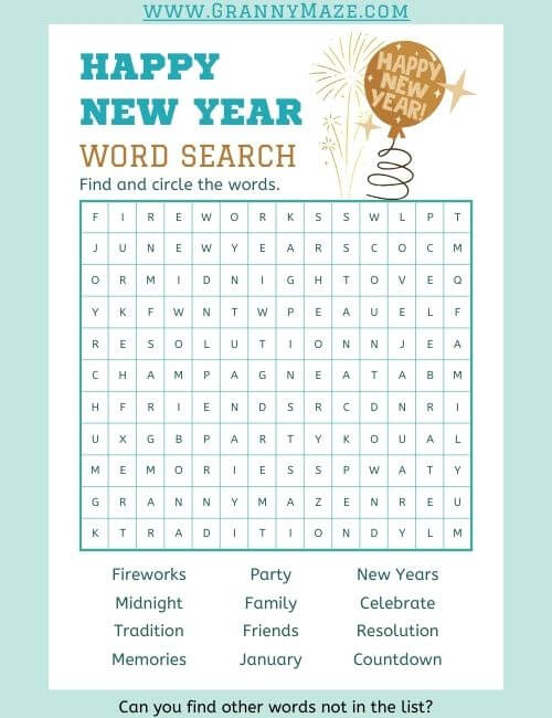 New Year's Eve Word Search Game @grannymaze