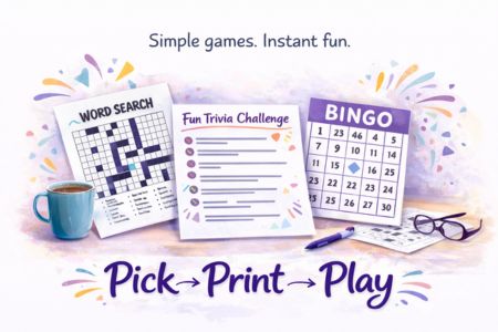 Pick Print Play Printable Games for Seniors Pick Print Play printable games for seniors featuring word search, trivia challenge, and bingo on a desk with coffee and glasses