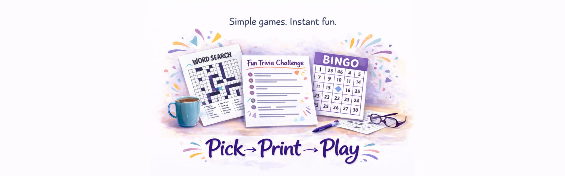 Pick Print Play Printable Games for Seniors Pick Print Play printable games for seniors featuring word search, trivia challenge, and bingo on a desk with coffee and glasses