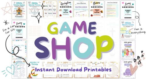 Instant download printable game shop for seniors featuring trivia, brain games, holiday and large print activities.