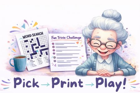 Printable games for seniors with word search and trivia game on a desk with smiling Granny Maze. Pick, Print & Play!