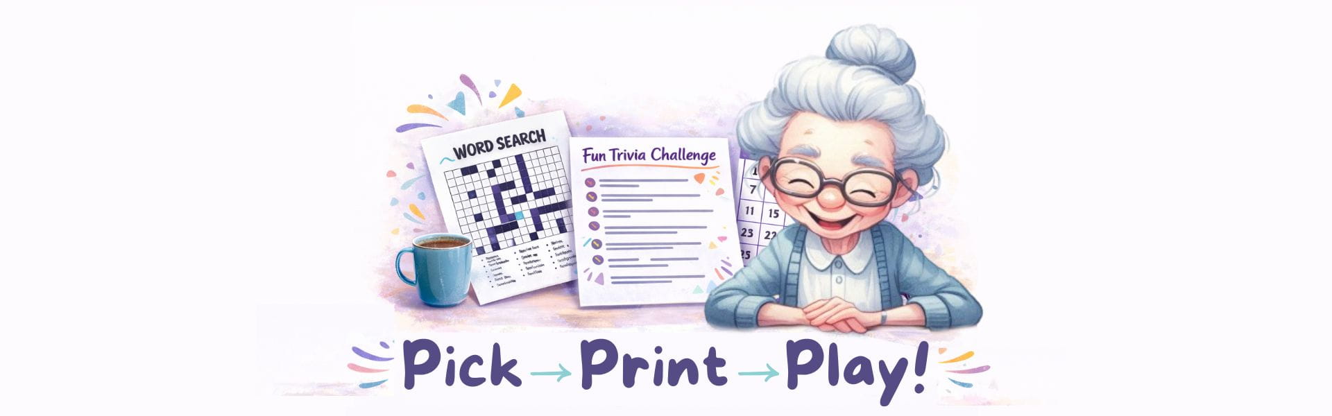 Printable games for seniors with word search and trivia game on a desk with smiling Granny Maze. Pick, Print & Play!
