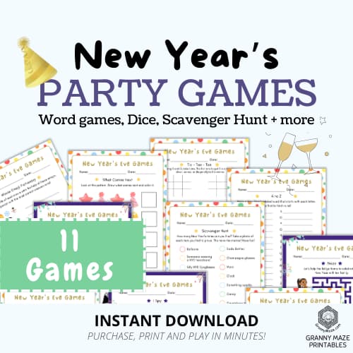 Printable New Year’s Eve games 11-game bundle with puzzles, word games, and reflection pages.
