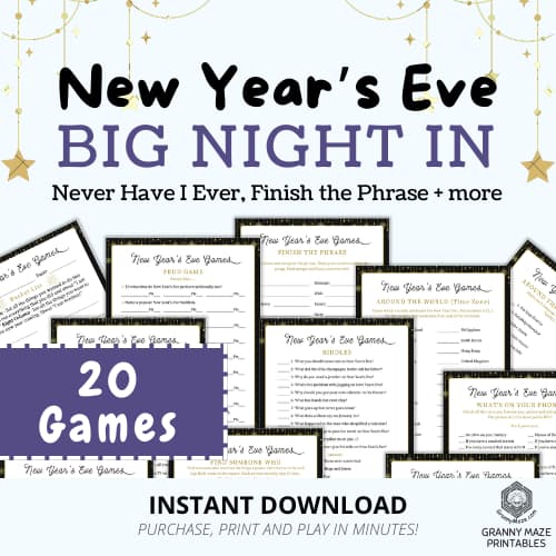 Printable New Year’s Eve games 20-game bundle with bingo, trivia, and group activities.