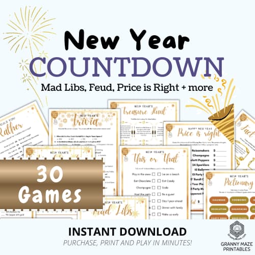 Printable New Year’s Eve games 30-game bundle with word games, trivia, and creative activities.