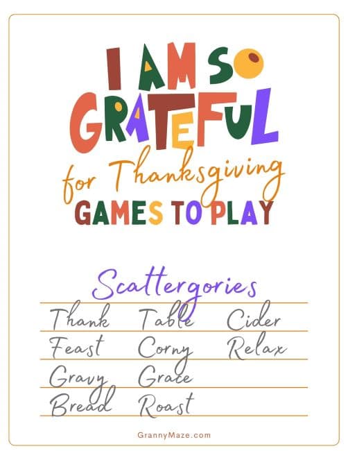 Thanksgiving Scattergories Game: 10 Game Pages