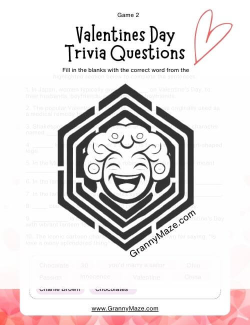 Valentines Trivia for Seniors Free Printable Games: Game 2 @grannymaze